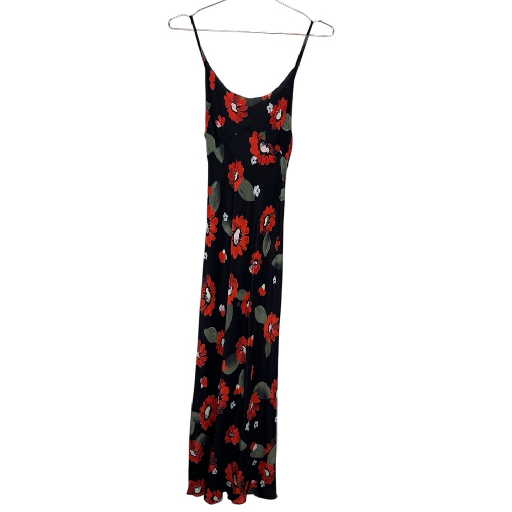 Realisation Par Black Satin Midi Slip Dress with Red Floral Print - Picture 9 of 13